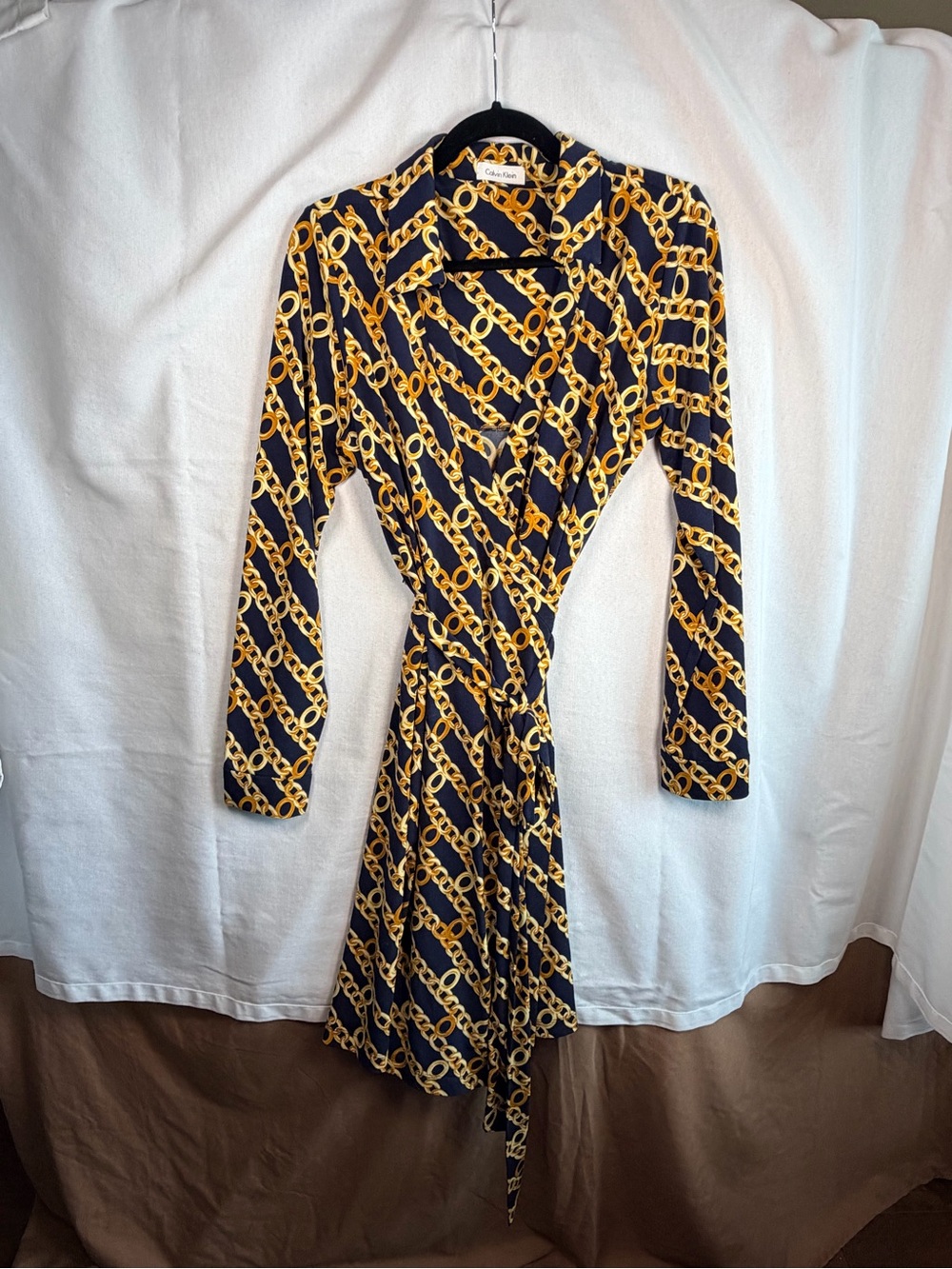 Calvin Klein Navy Gold Chain Print Wrap Dress 12 Long Sleeve Old Money Tie Waist